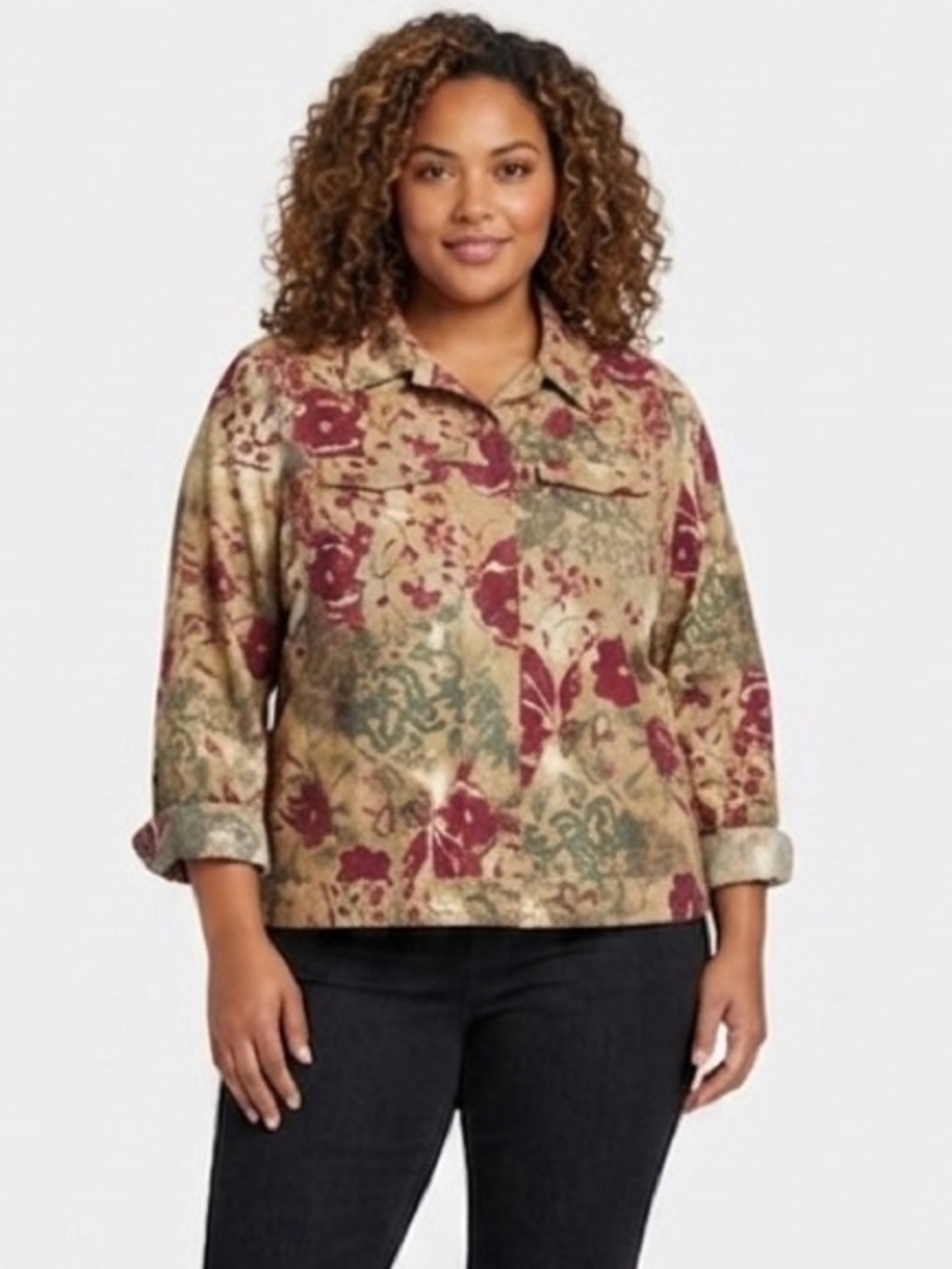 Cj Banks Light Weight Jacket Button Down Marron Green Tan Long Sleeve Size 1X